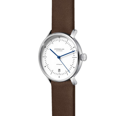 Herrenuhr Automatik "Naos" Weiß Silber Premium Dunkelbraun • Sternglas